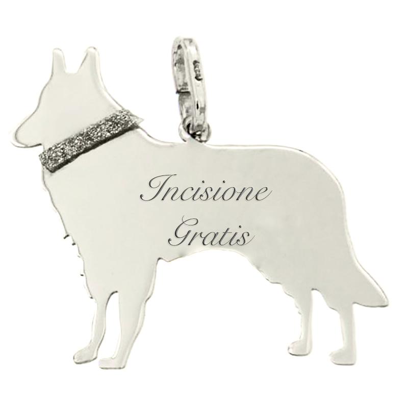 Ciondolo cane pastore belga mm 25x24 in argento 925 rodiato incisione gratis