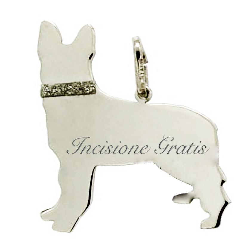 Ciondolo cane pastore tedesco mm 26x23 in argento 925 rodiato incisione gratis