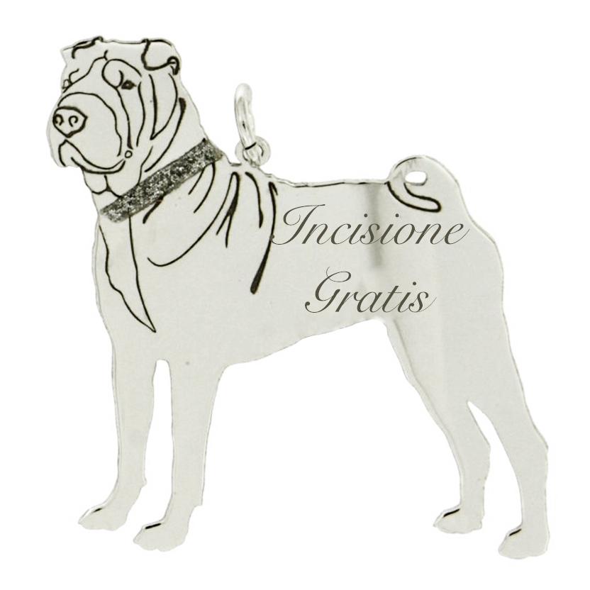 Ciondolo cane sharpei mm 38x32 in argento 925 rodiato -personalizzazione gratis-