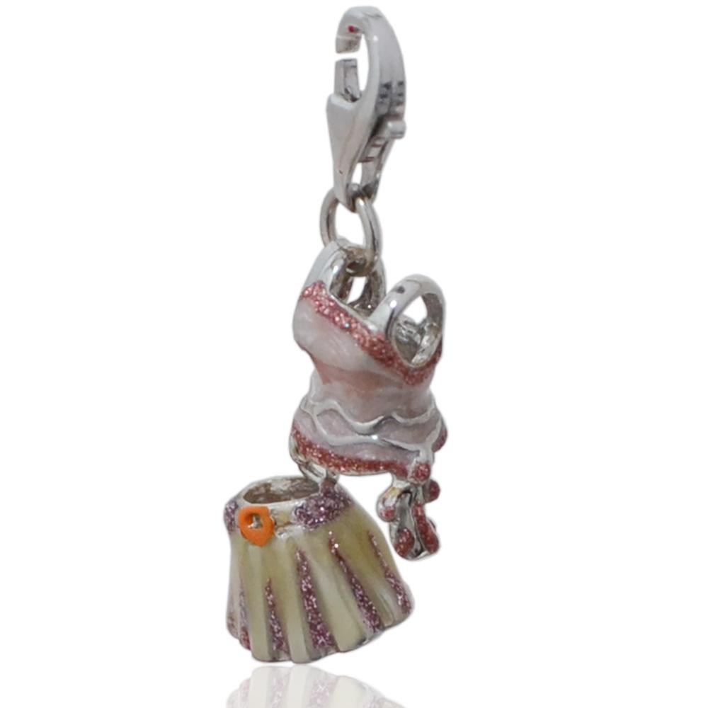 Ciondolo charm vestito da ballerina in argento 925 con smalti madreperlati e glitter