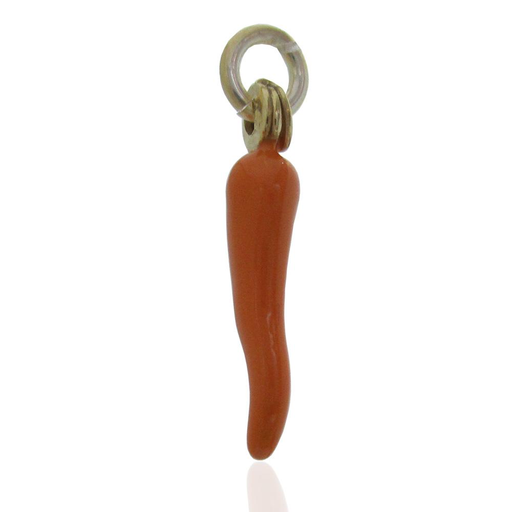 Ciondolo scaramantico corno mm 17 in argento 925 dorato smaltato arancione