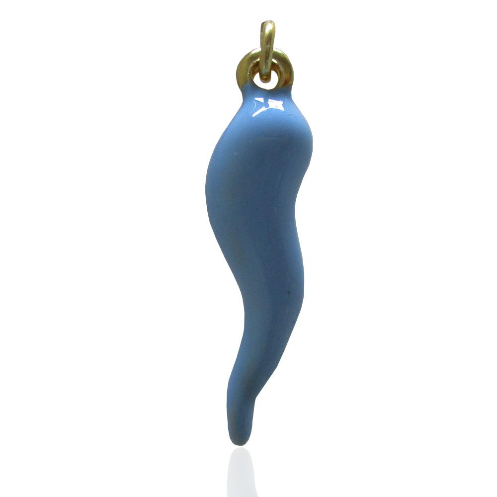 Ciondolo scaramantico corno mm 30 in argento 925 dorato smaltato celeste