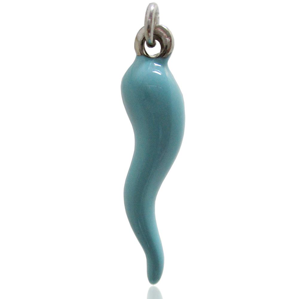 Ciondolo scaramantico corno mm 30 in argento 925 smaltato turchese