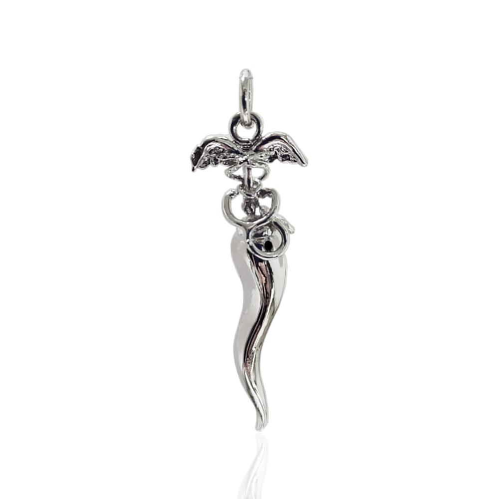 Ciondolo corno con caduceo in argento 800 mm 53x15 simbolo farmacia