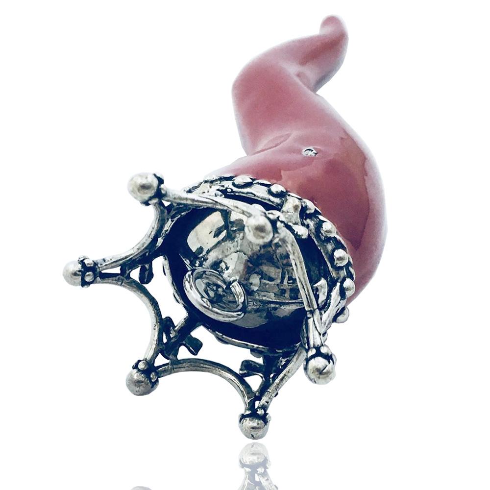 Ciondolo corno con corona a punte cm 12 in argento microfono brunito titolo 800 e smalto rosso