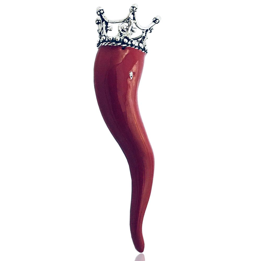 Ciondolo corno con corona a punte cm 12 in argento microfono brunito titolo 800 e smalto rosso