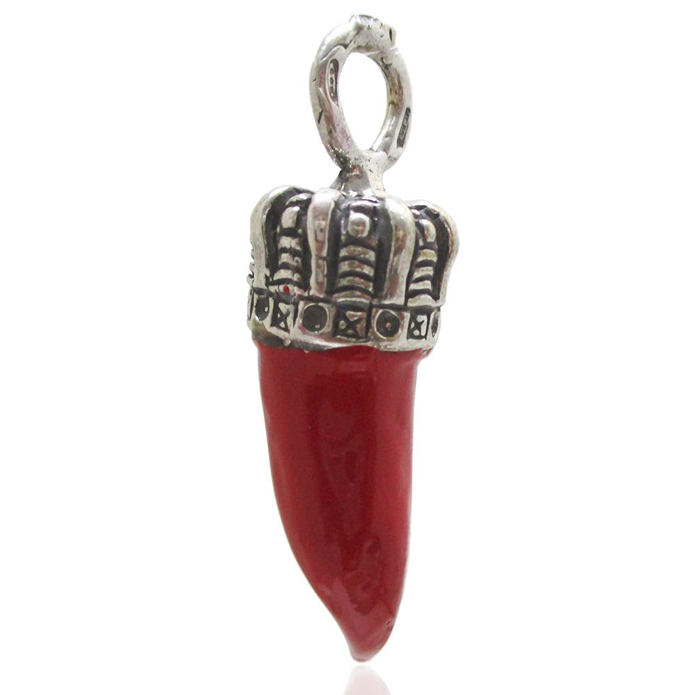Ciondolo corno con corona mm 31 in argento microfuso brunito titolo 800 e smalto rosso