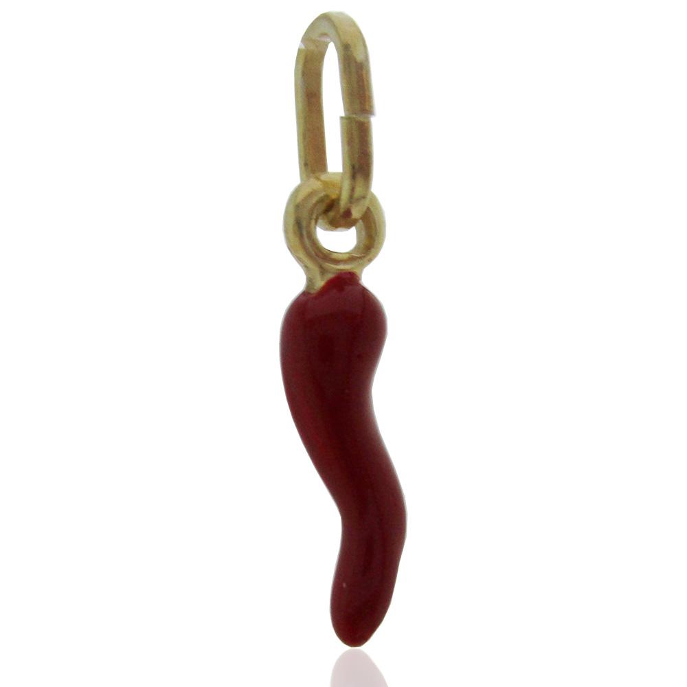 Ciondolo corno scaramantico mm 17 in argento 925 dorato con smalto rosso