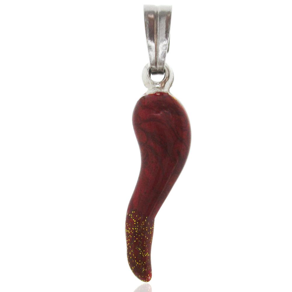Ciondolo corno mm 27 in argento 925 smaltato rosso-wine con glitter oro