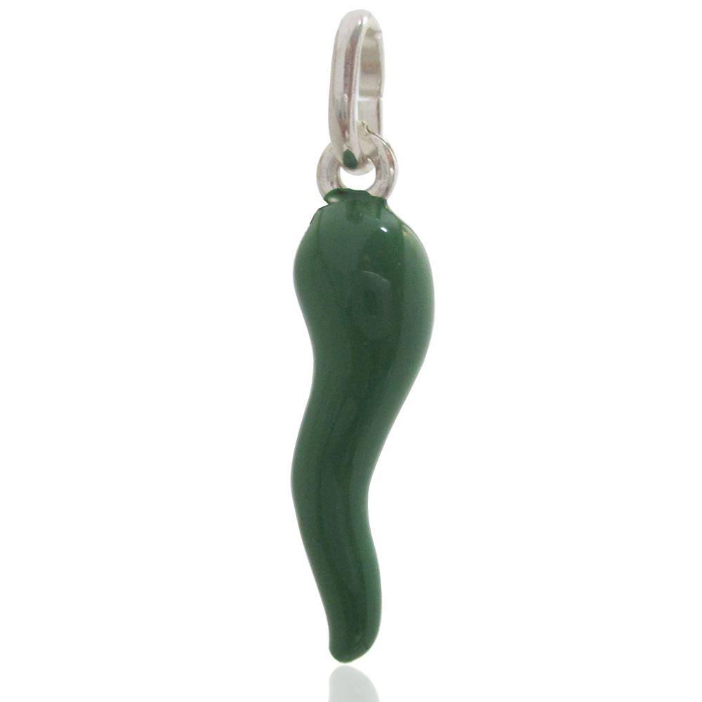 Ciondolo corno scaramantico mm 26 in argento 925 smaltato verde