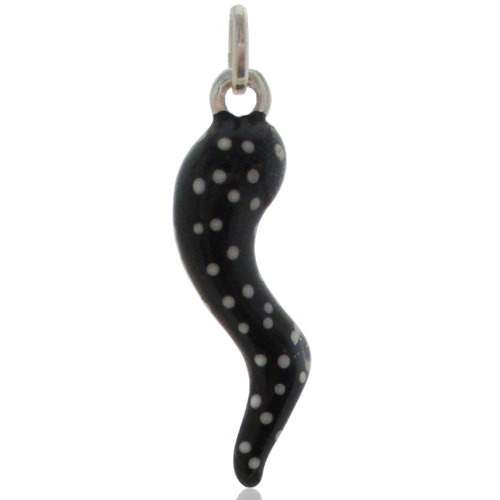 Ciondolo corno scaramantico mm 35 in argento 925 smaltato nero e bianco a pois