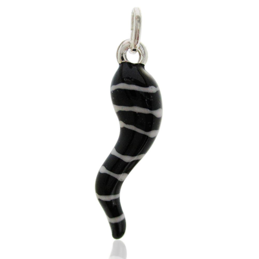 Ciondolo corno scaramantico mm 35 in argento 925 smaltato nero e bianco a righe