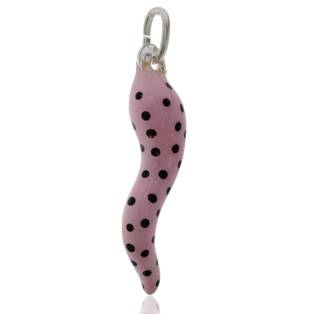 Ciondolo corno scaramantico mm 35 in argento 925 smaltato rosa e nero a pois