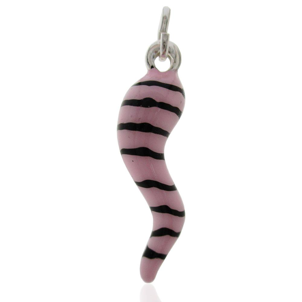 Ciondolo corno scaramantico mm 35 in argento 925 smaltato rosa e nero a righe