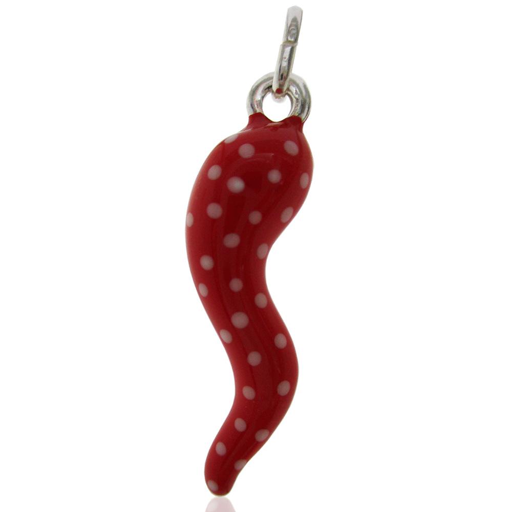 Ciondolo corno scaramantico mm 35 in argento 925 smaltato rosso e bianco a pois