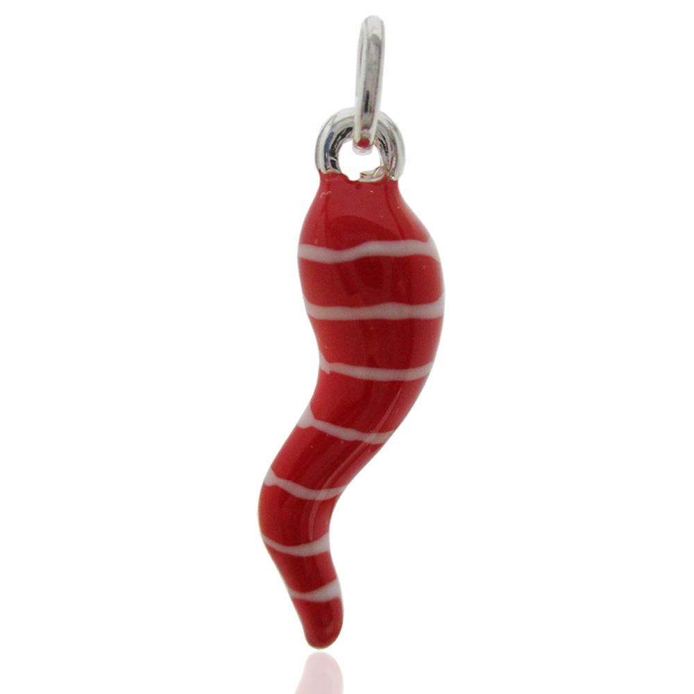 Ciondolo corno scaramantico mm 35 in argento 925 smaltato rosso e bianco a righe