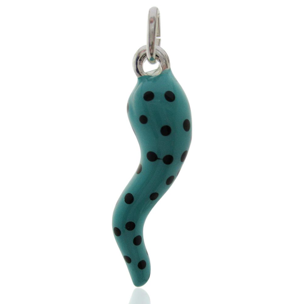 Ciondolo corno scaramantico mm 35 in argento 925 smaltato turchese e nero a pois