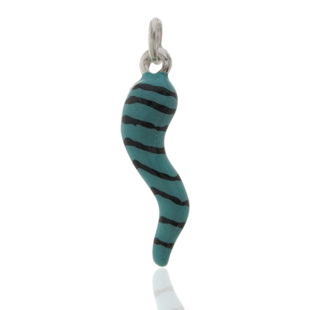 Ciondolo corno scaramantico mm 35 in argento 925 smaltato turchese-nero a righe