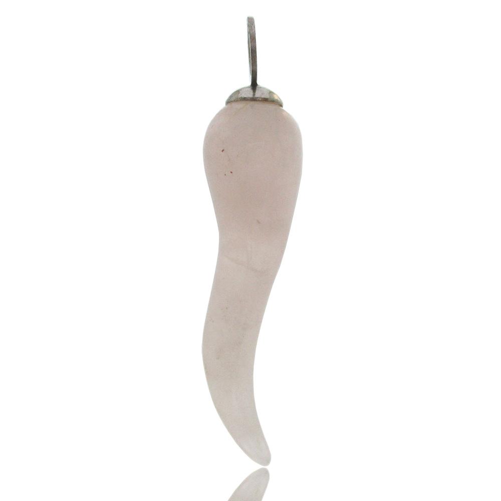 Ciondolo corno scaramantico mm 35 in quarzo rosa e argento 925 rodiato