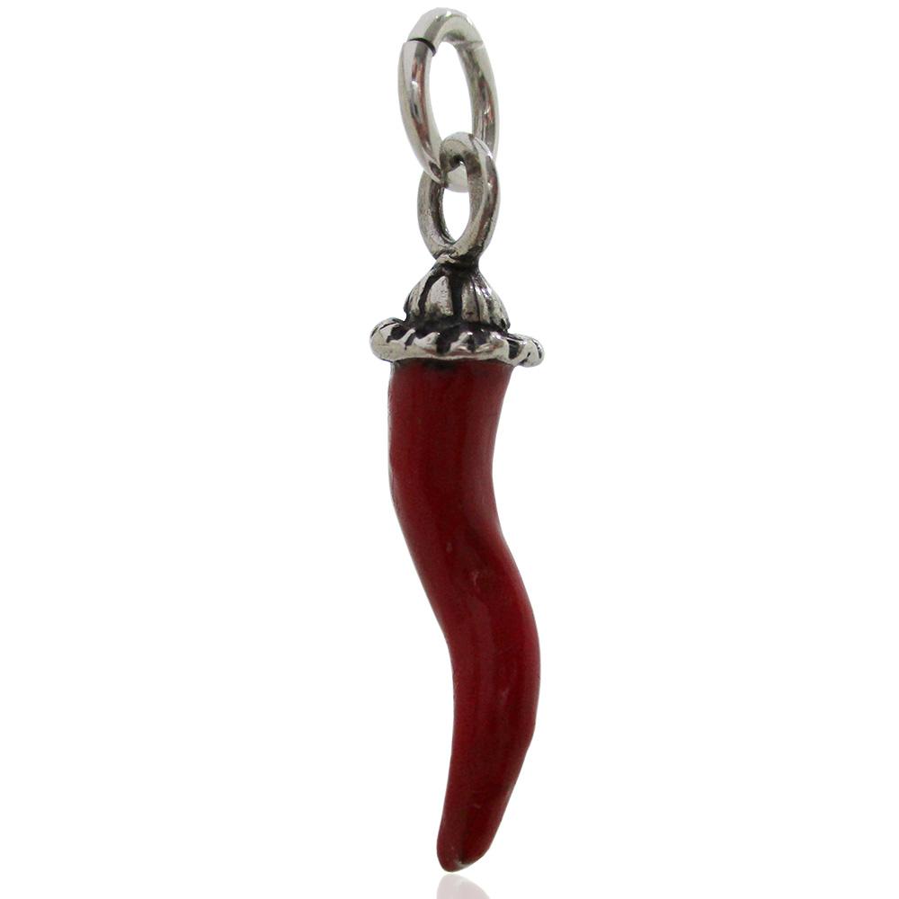 Ciondolo scaramantico corno mm 30 con corona di principe in argento microfuso brunito titolo 800 smaltato rosso