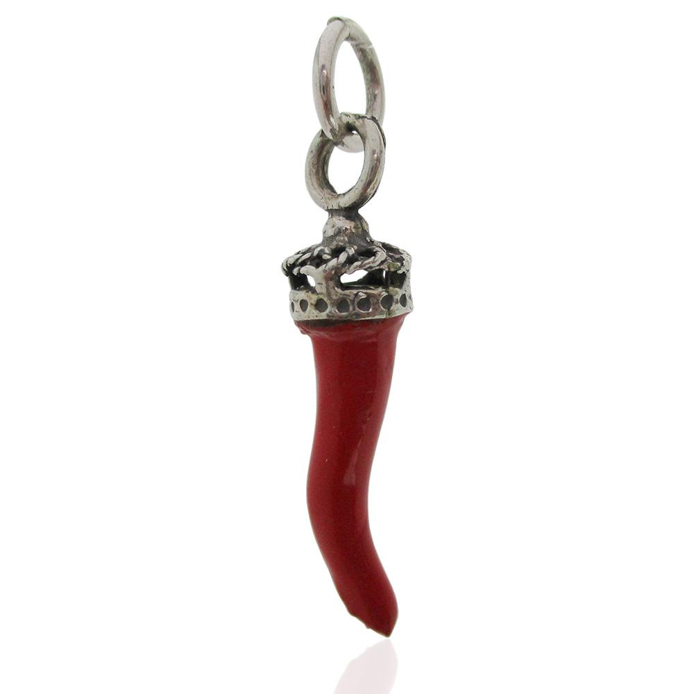 Ciondolo scaramantico corno mm 30 con corona reale in argento microfuso brunito titolo 800 smaltato rosso