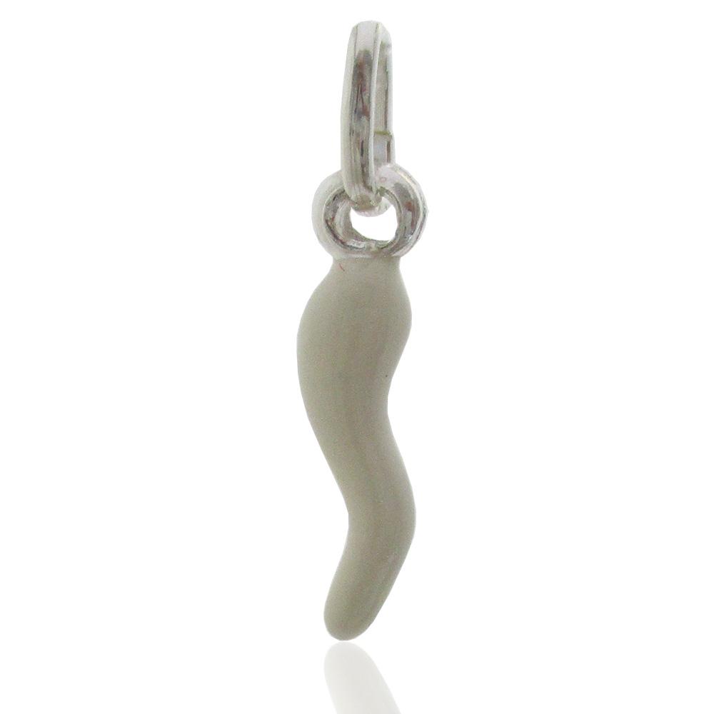 Ciondolo corno scaramantico mm 17 in argento titolo 925 e smalto bianco