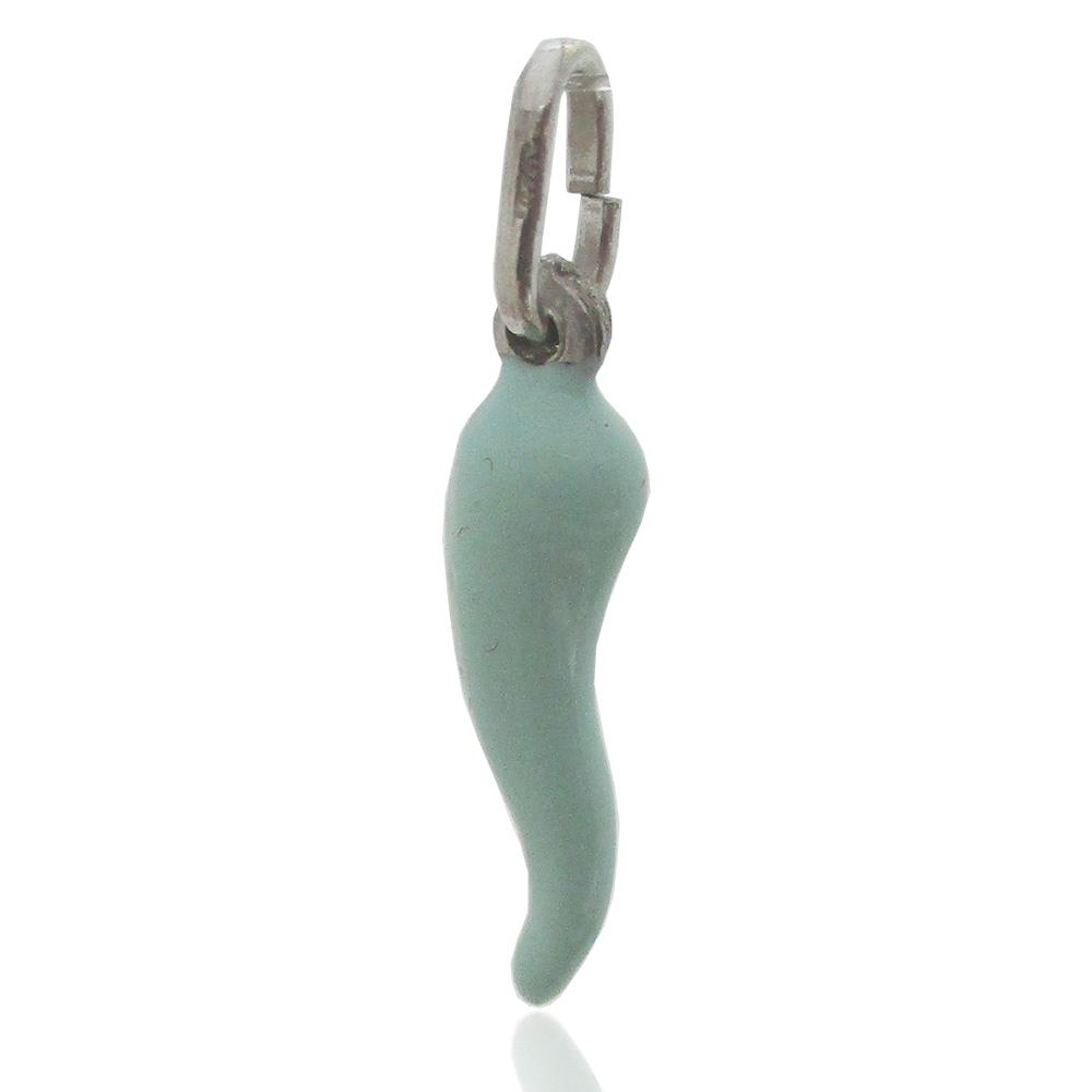 Ciondolo corno scaramantico mm 20 in argento titolo 925 con smalto verde tiffany