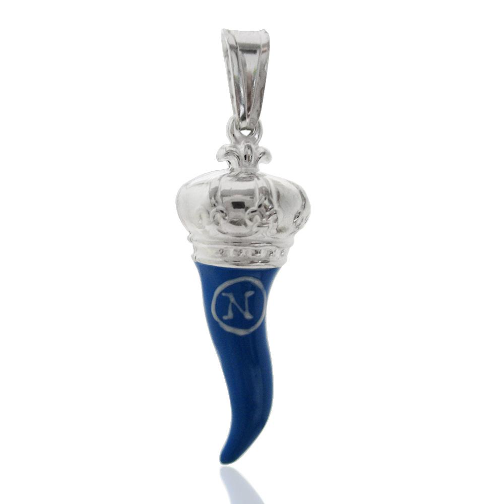 Ciondolo scaramantico corno napoli mm 38x13 con corona in argento 925 smaltato azzurro