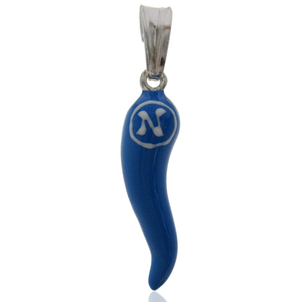 Ciondolo scaramantico corno napoli mm 27 in argento 925 smaltato azzurro