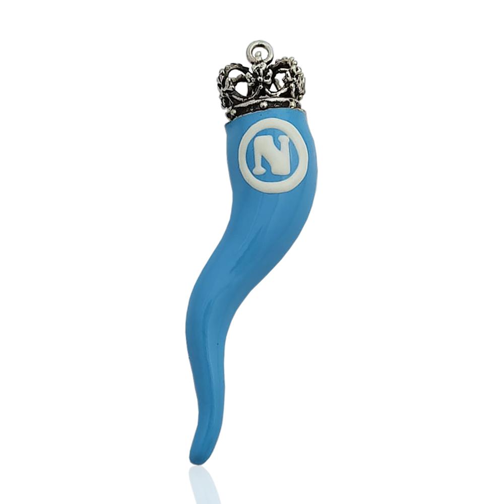 Ciondolo corno napoli con corona reale in argento 800 smaltato azzurro cm 9