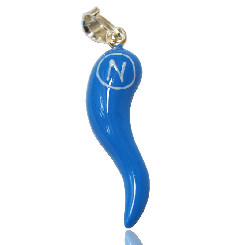 Ciondolo scaramantico corno napoli mm 40 in argento 925 smaltato azzurro