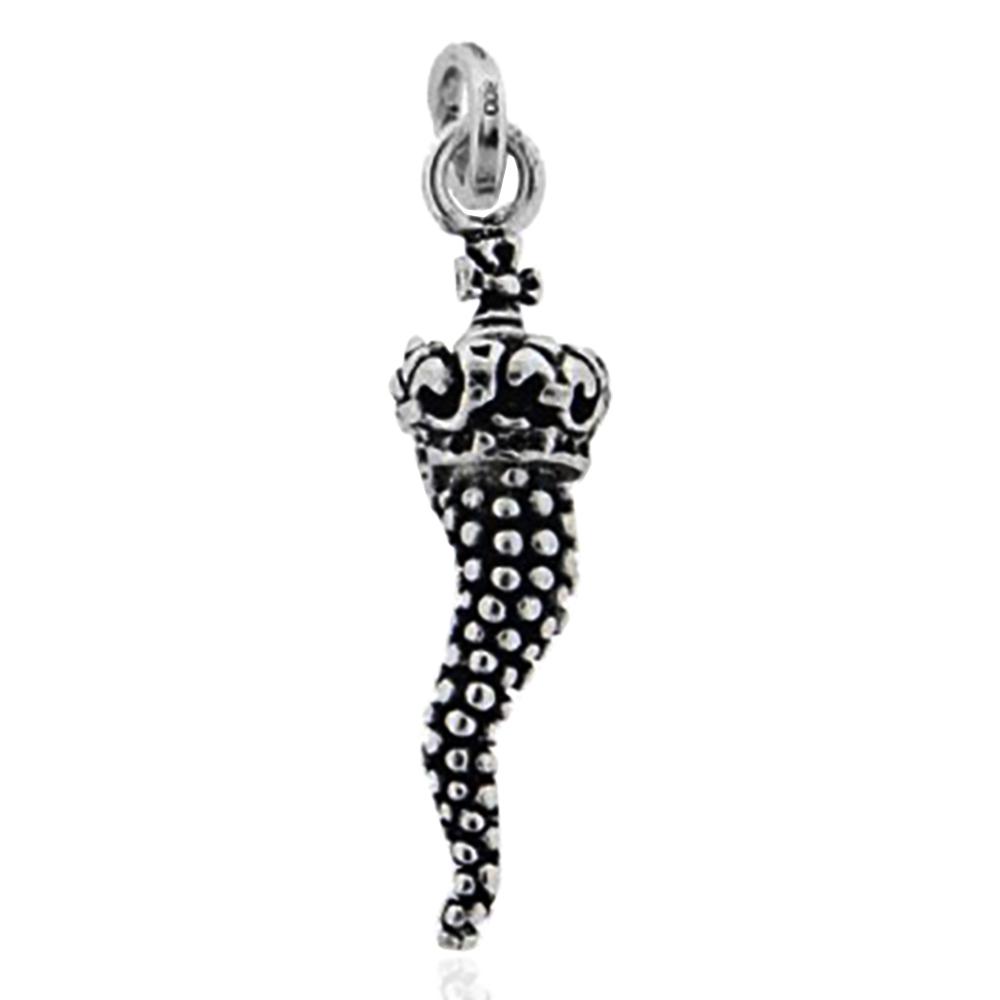 Ciondolo corno puntinato mm 34 con corona in argento microfuso 800 brunito