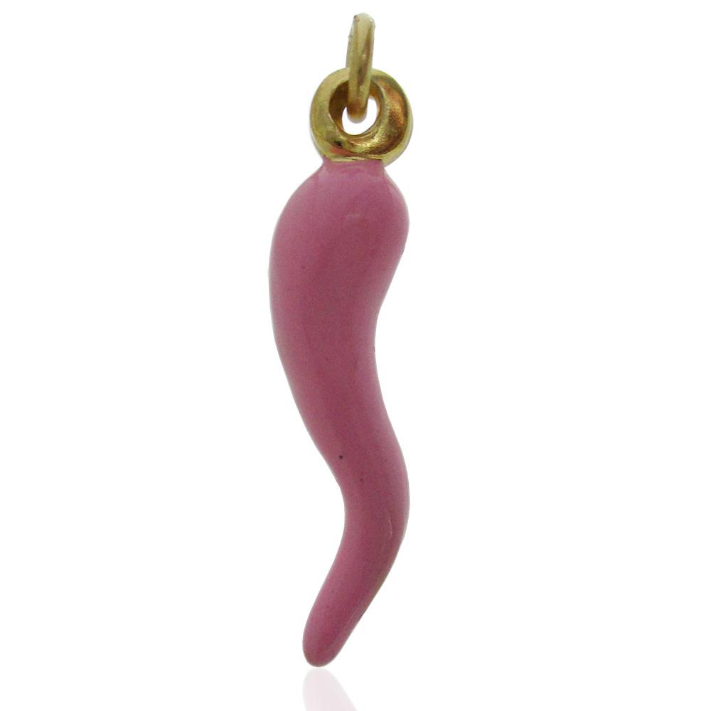 Ciondolo scaramantico corno mm 26 in argento 925 dorato smaltato rosa