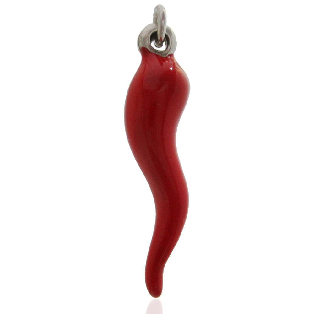Ciondolo scaramantico corno mm 30 in argento 925 smaltato rosso