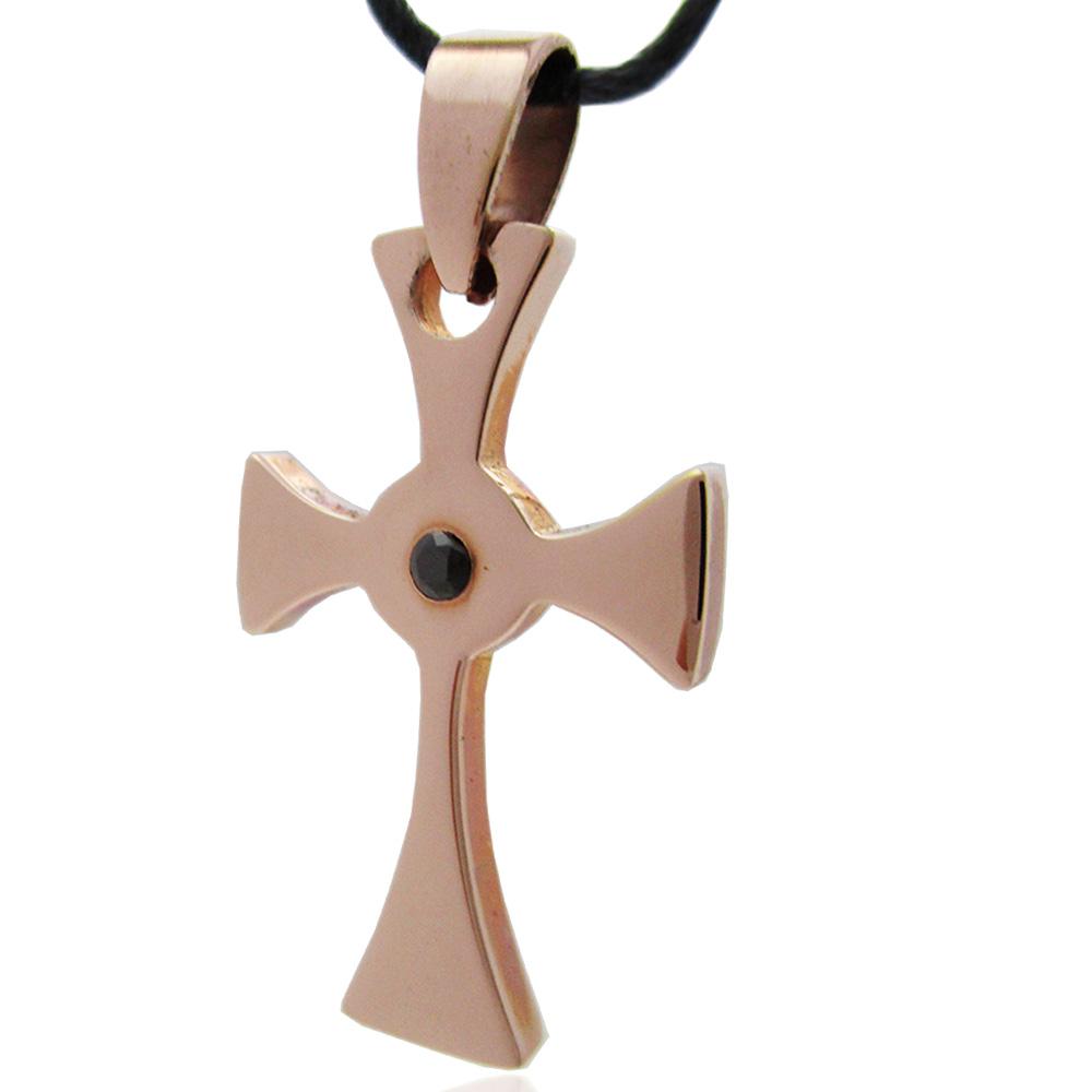 Ciondolo croce celtica mm 25x15 in acciaio ramato con strass nero centrale e collana in seta cerata 