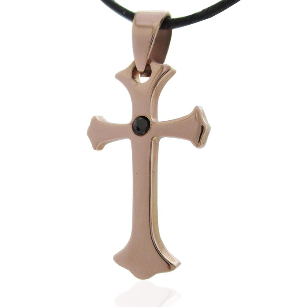 Ciondolo croce mm 25x14 in acciaio ramato con strass nero centrale e collana in seta cerata 