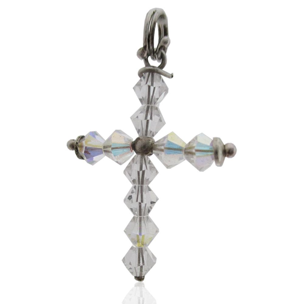 Ciondolo croce mm 28x20 in argento 925 con cristallo bicono da 4 mm swarovski aurore boreale