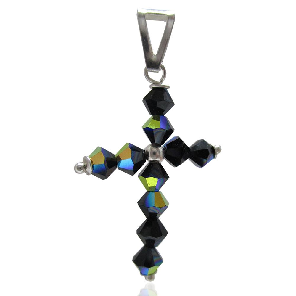 Ciondolo croce mm 28x20 in argento 925 con cristallo bicono da 4 mm swarovski jet riflesso boreale