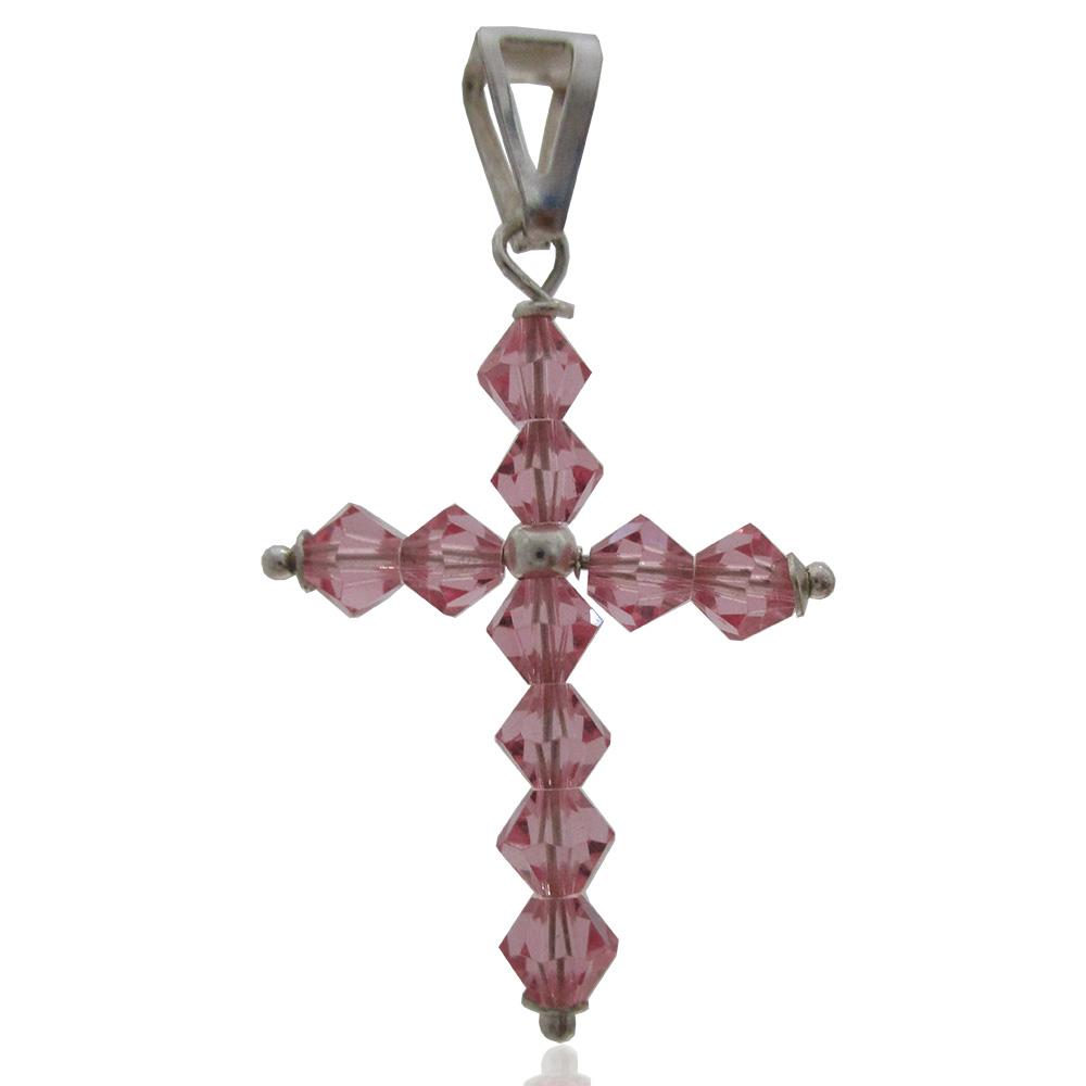 Ciondolo croce mm 28x20 in argento 925 con cristallo bicono da 4 mm swarovski light rose