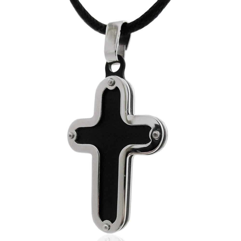Ciondolo croce mm 40x25 in acciaio  lucido con elemento placcato rutenio e con collana in seta cerata