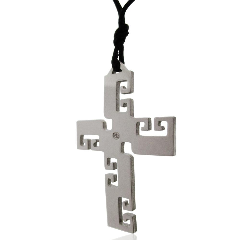Ciondolo croce motivo greca mm 39x26 in acciaio lucido con diamante naturale e collana in seta cerata