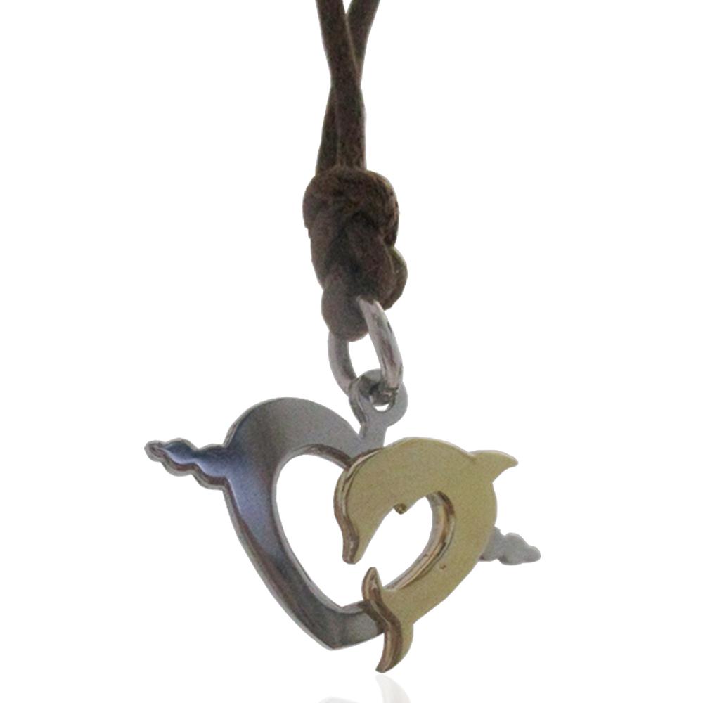 Ciondolo cuore-delfino in acciaio anallergico dorato mm 17x27 con collana cuoio cerato
