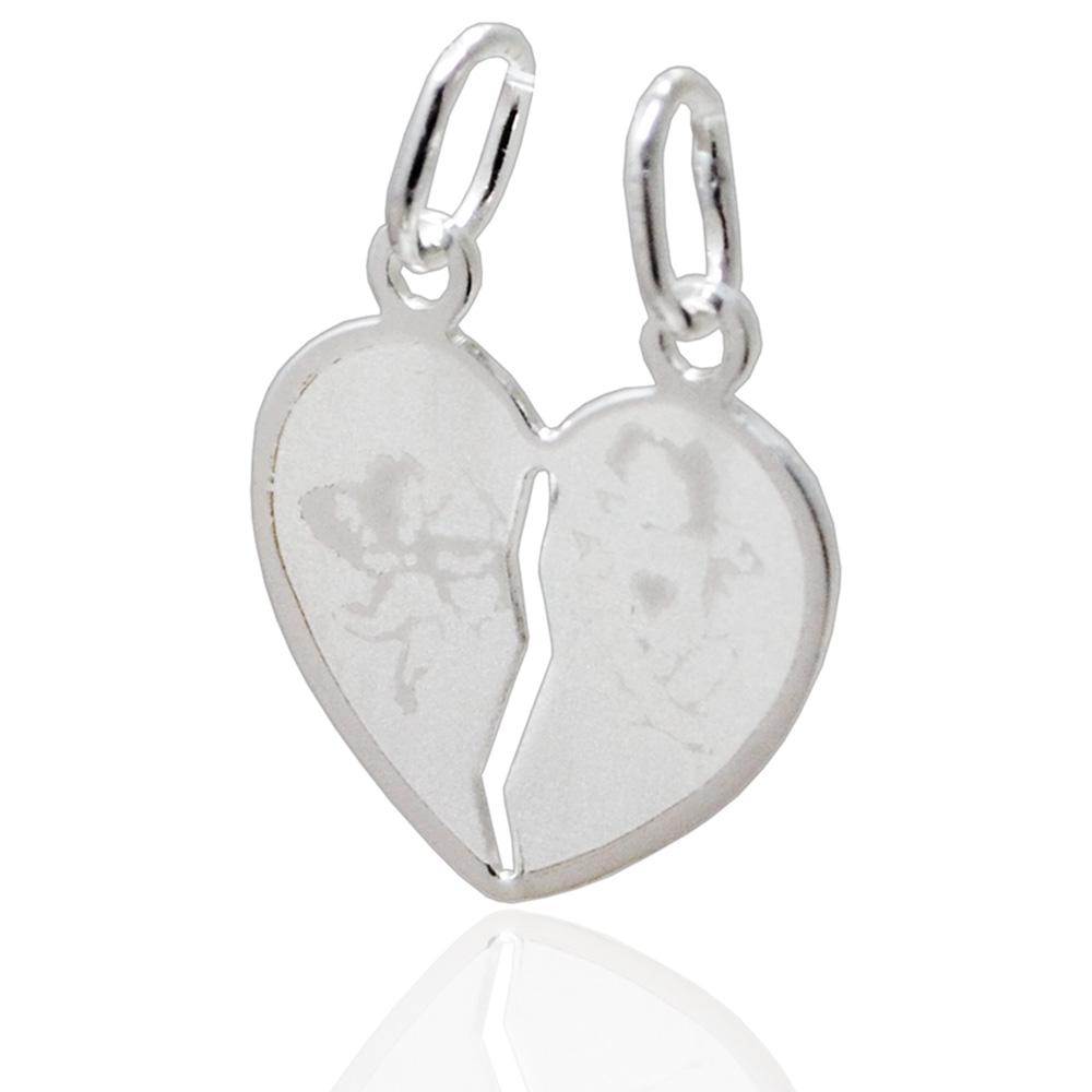 Ciondolo cuore divisibile mm 20x20 satinato bianco con cupido argento 925 -personalizzabile-
