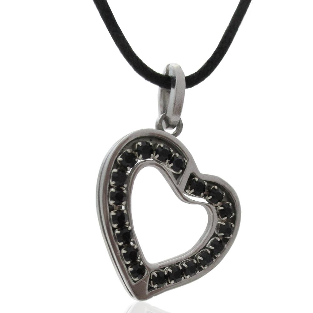 Ciondolo cuore mm 25x21 in acciaio satinato con strass neri e collana in cuoio