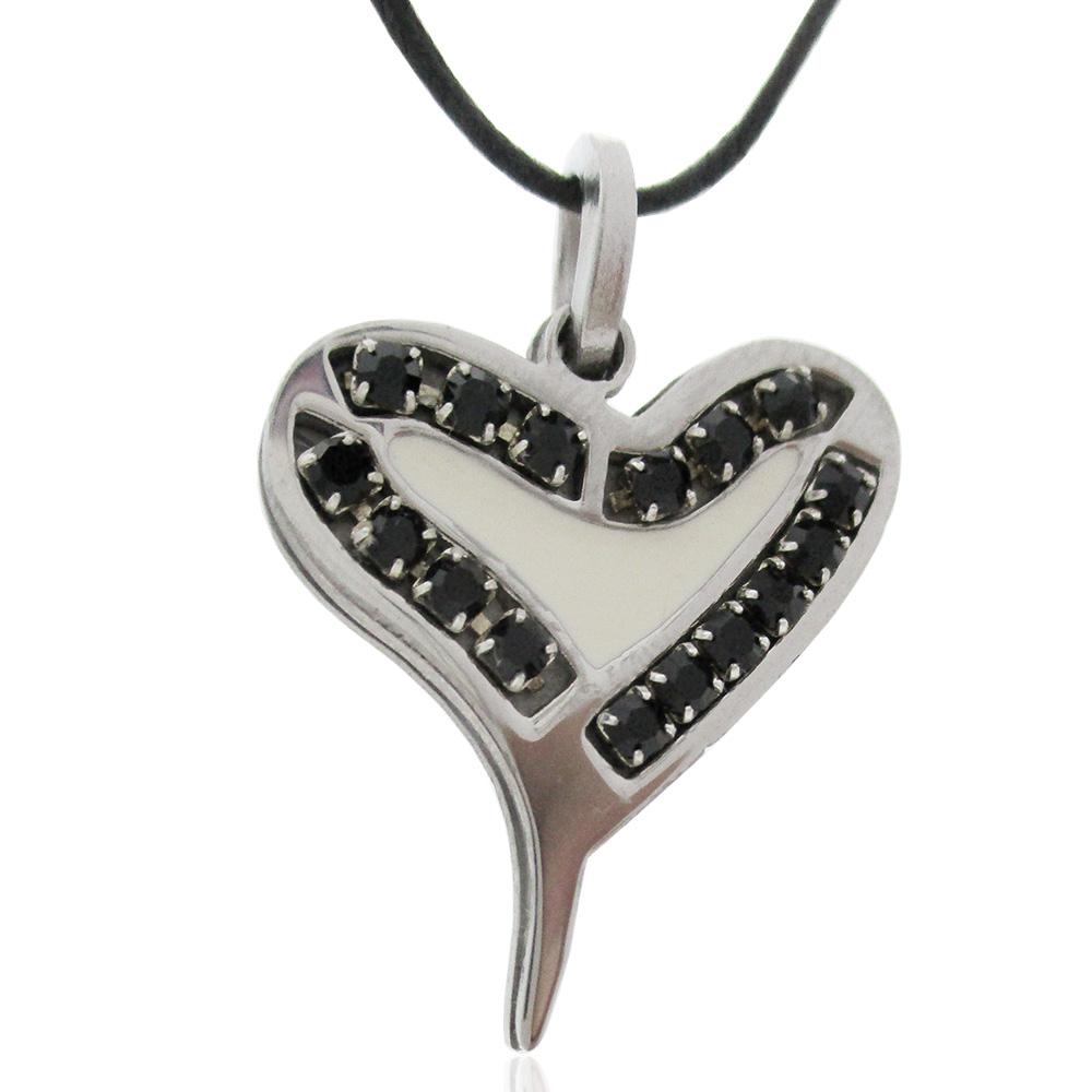 Ciondolo cuore mm 25x22 in acciaio lucido con strass neri e smalto bianco centrale -personalizzabile-