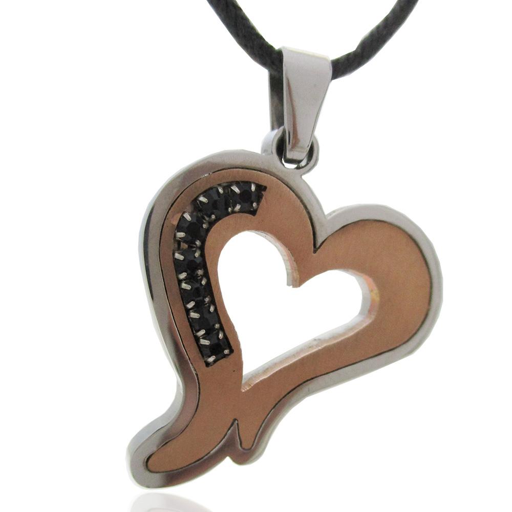 Ciondolo cuore mm 30x27 in acciaio bicolore bianco-rame con strass neri e collana in cuoio