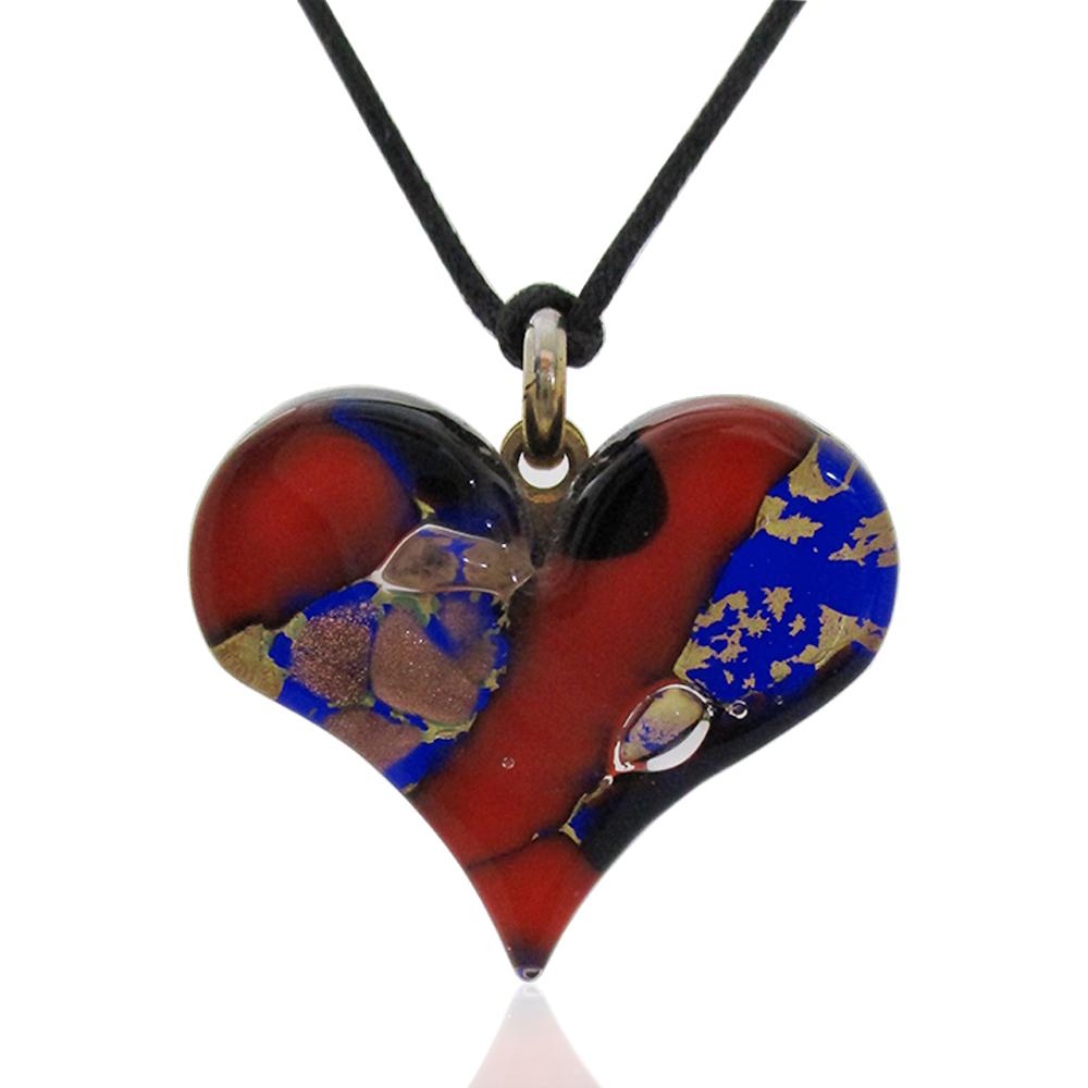 Collana in seta cerata nera con ciondolo cuore mm 30x34 in vetro di murano