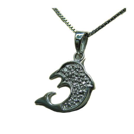 Collana in argento 925 rodiato con pendente delfino con zirconi bianchi 