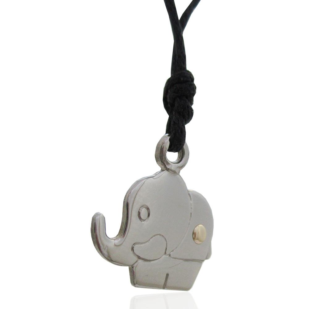 Ciondolo elefante mm 18x18 in acciaio lucido con borchia in oro giallo 18 carati e collana in cuoio