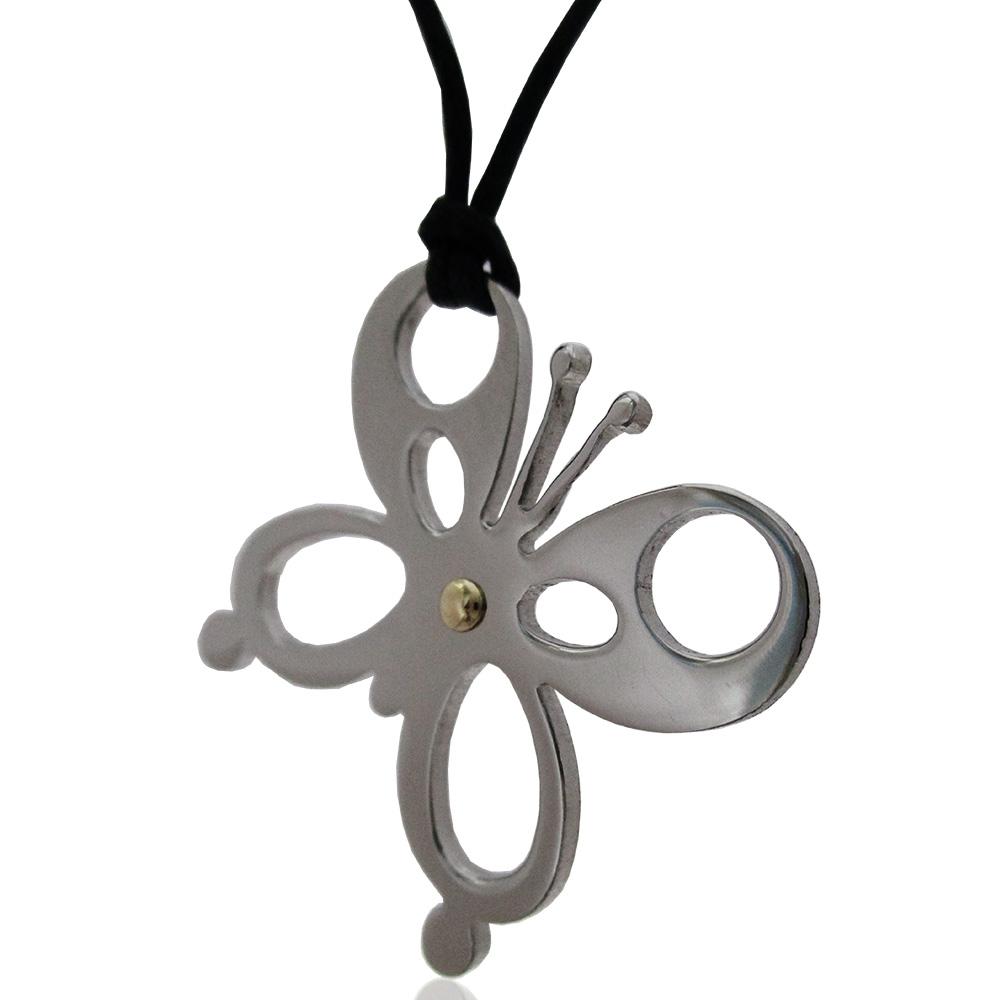 Ciondolo farfalla mm 28x27 in acciaio lucido con borchia in oro e collana in seta cerata - personalizzabile -